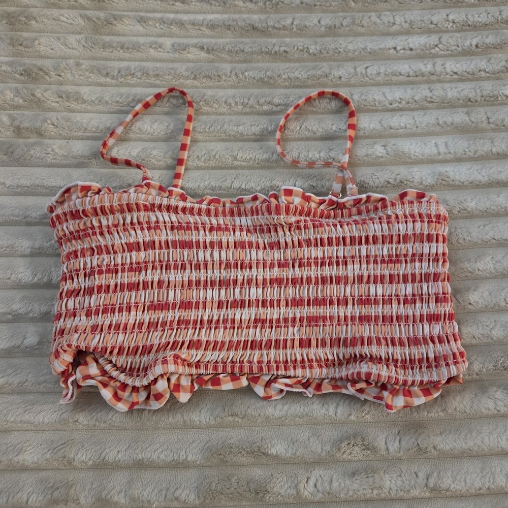 CUPSHE Women's Red Gingham Smocked Bikini Top Small